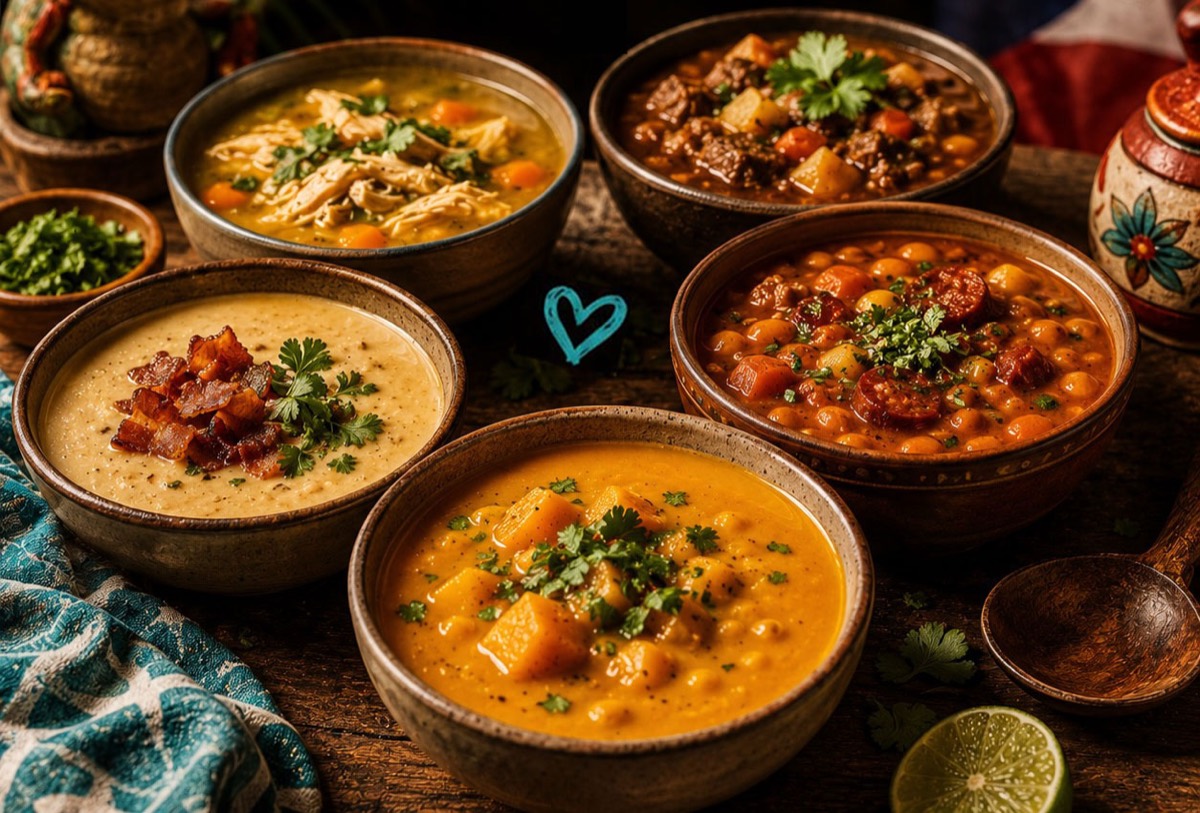 Five Puerto Rican soups in earthenware bowls on a wooden table